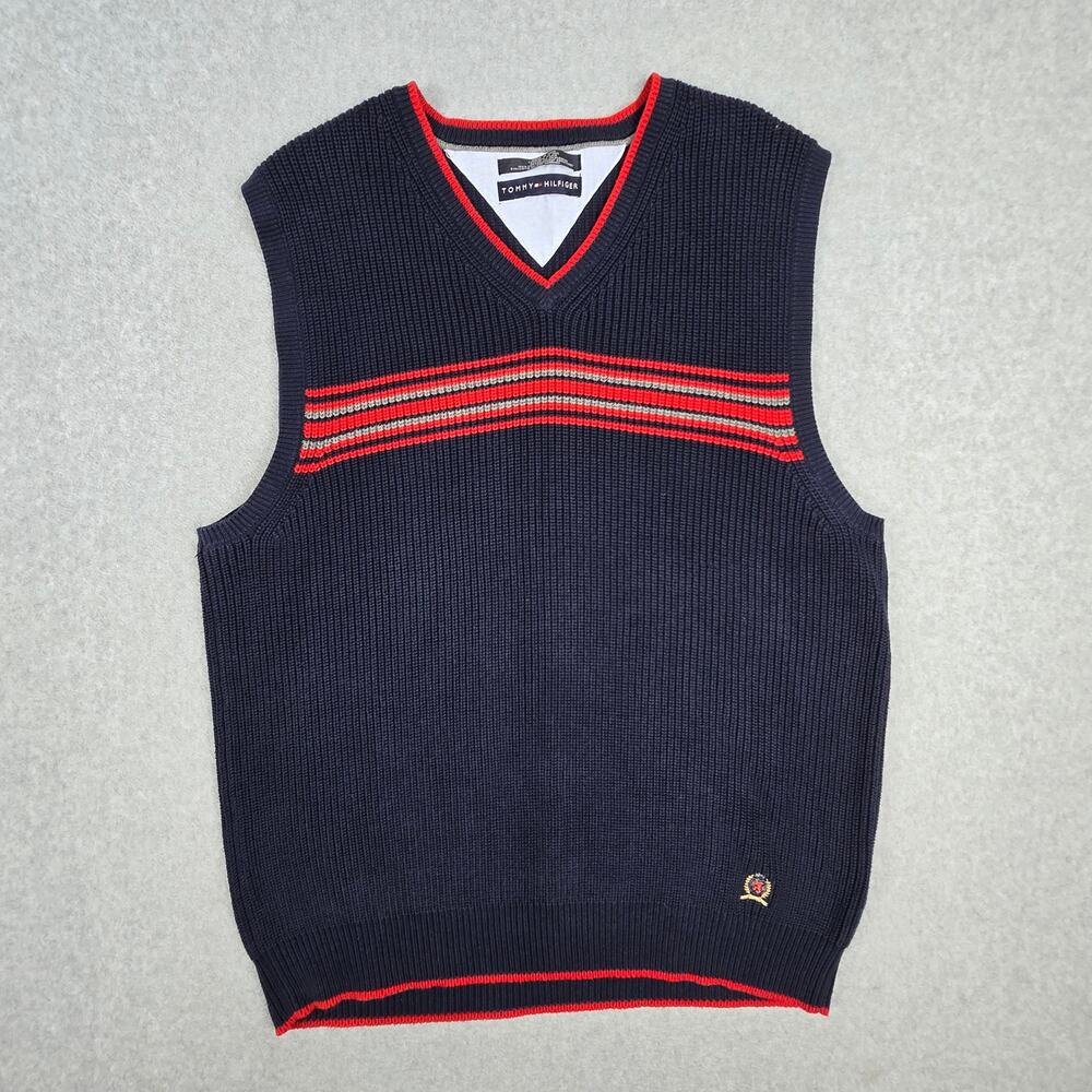 Tommy Hilfiger Mens Large Navy Blue Red Stripe V Neck Sweater Vest